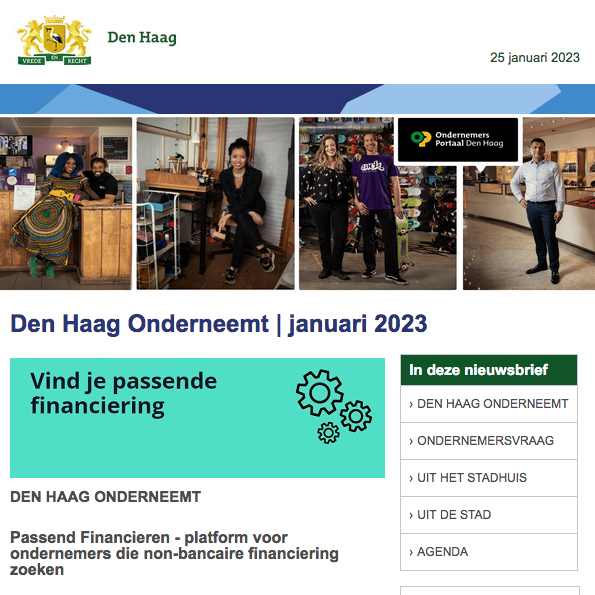 Den Haag Onderneemt,  Passend Financieren in nieuwsbrief en Ondernemers Portaal gemeente Den Haag